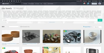 O navegador 3DExport após uma pesquisa por tigelas CNC