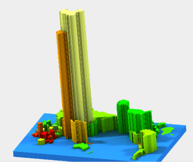 3D world map by population and capita income (source: Sculpteo)