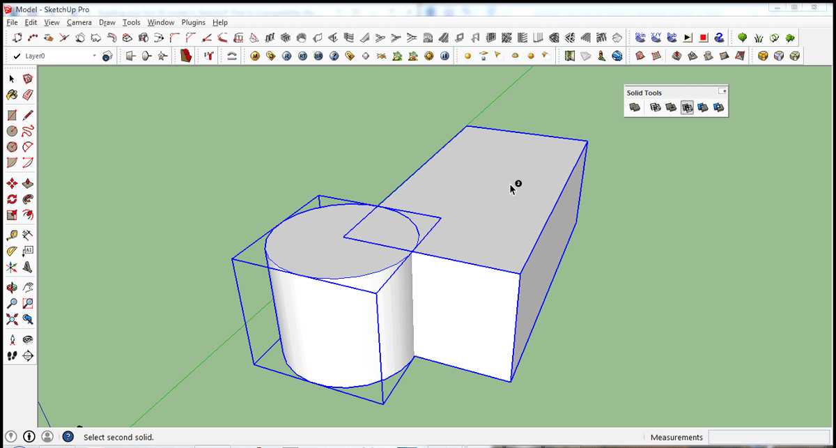 Develop your 3D modeling skills for free: In SketchUp, you can join solid objects or subtract (in this example) the cylinder from the rectangular solid.