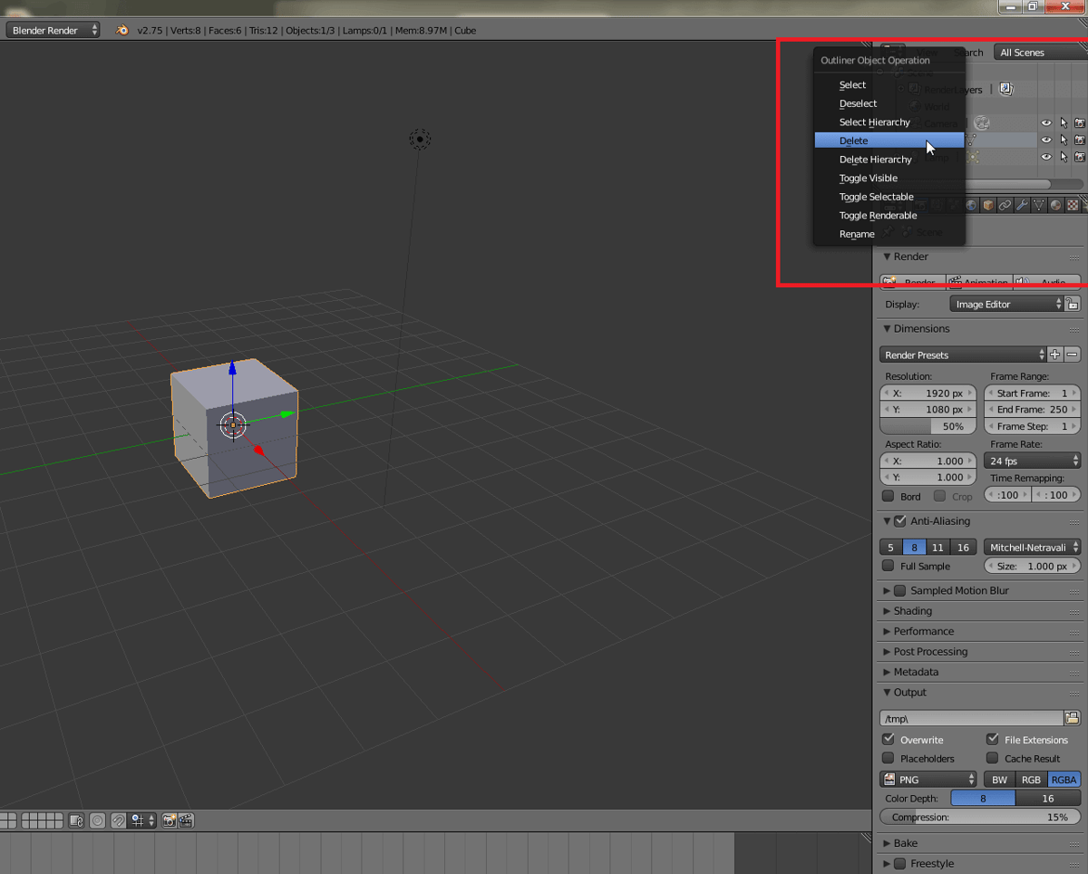 Delete the cube in the Scene Menu. You can also press 'X', while hovering over the cube to delete it.
