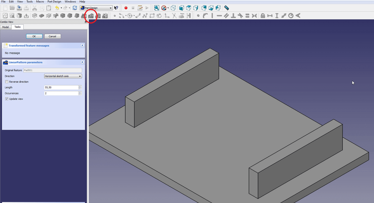 Use the linear pattern feature to easily multiply identical objects.