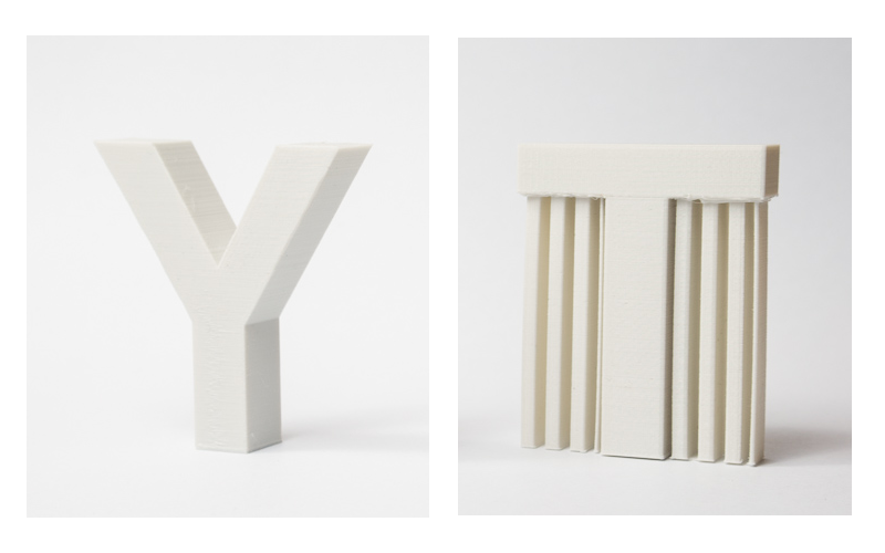 The overhangs in the letter Y do not require 3D printing support structures. The ones in the letter T does.