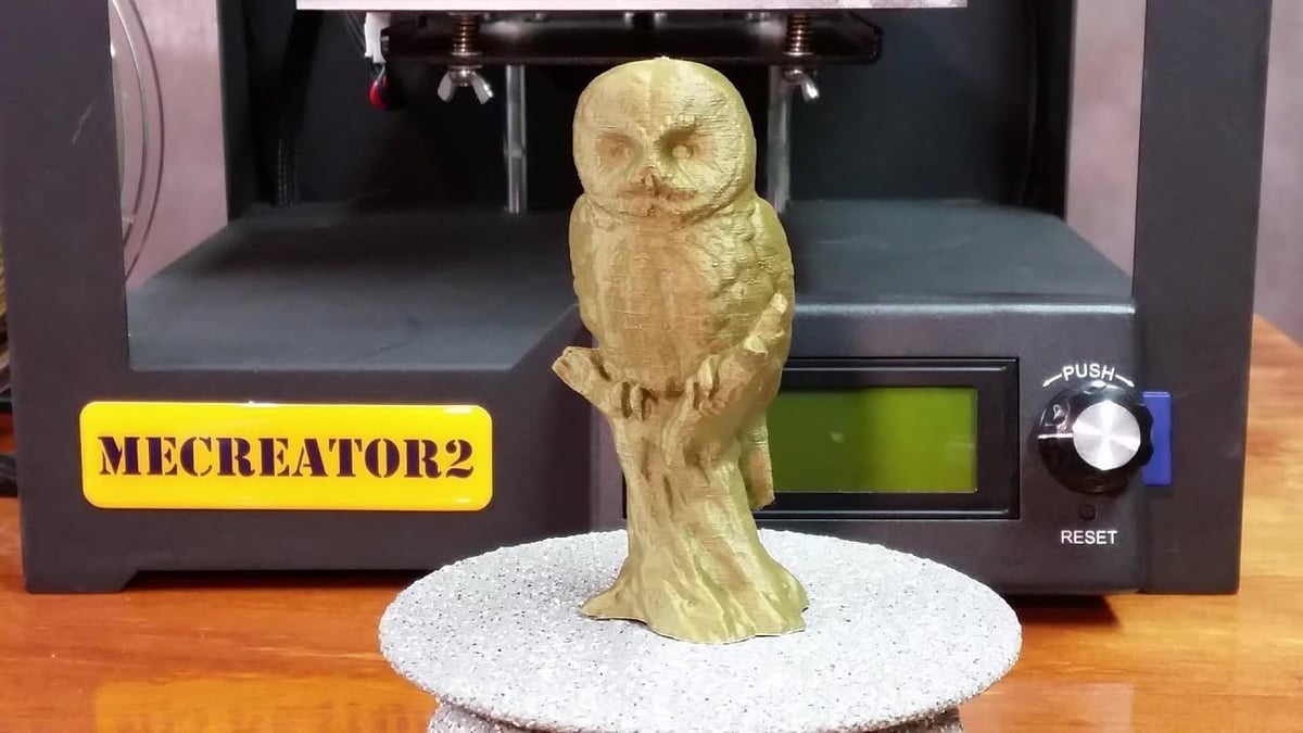3D printed owl statue using bronze eSUN PLA+.