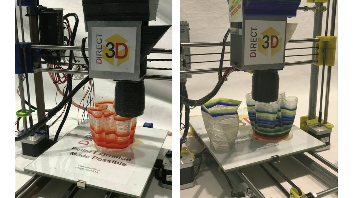 A 3D printer equipped with a pellet extruder.
