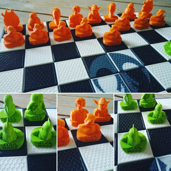 A 3D printed chess set where Yoda is king.