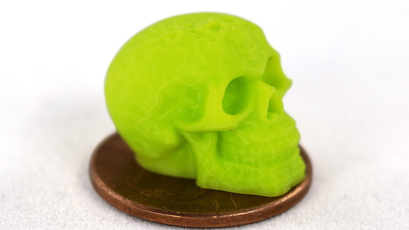 A tiny skull printed by a Lulzbot printer