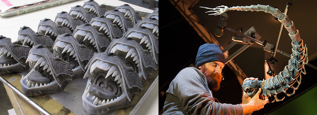 Left: The many mouths of the Moon Beast. Right: A crew member manipulating the Moon Beast for the next frame.