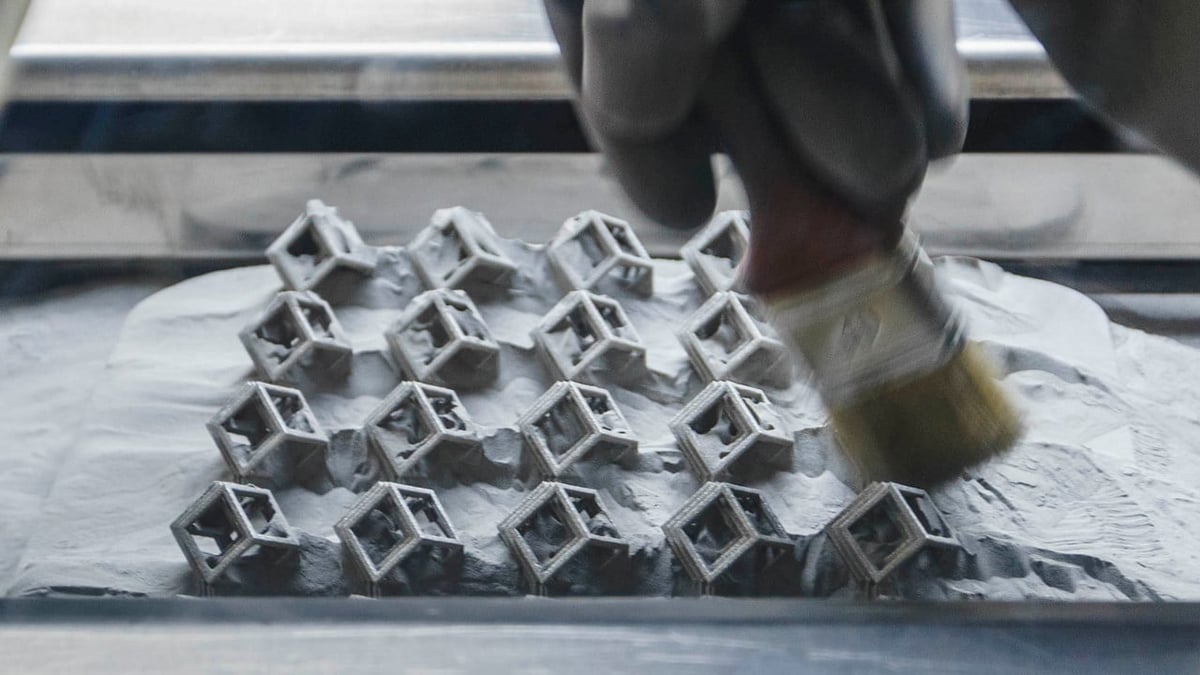 A batch of metal components printed on a SLM 3D printer.