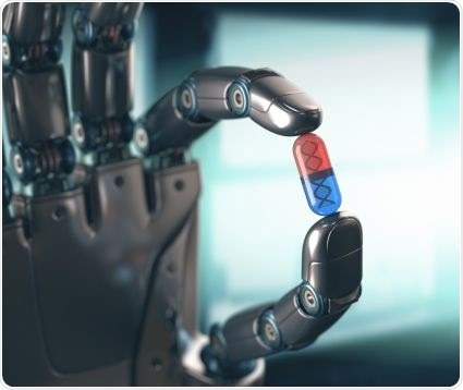 Robot arm hold a 3D printed drug.