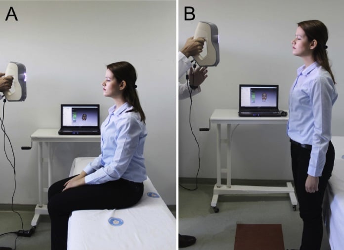 A woman being scanned using a scanner in two different ways.