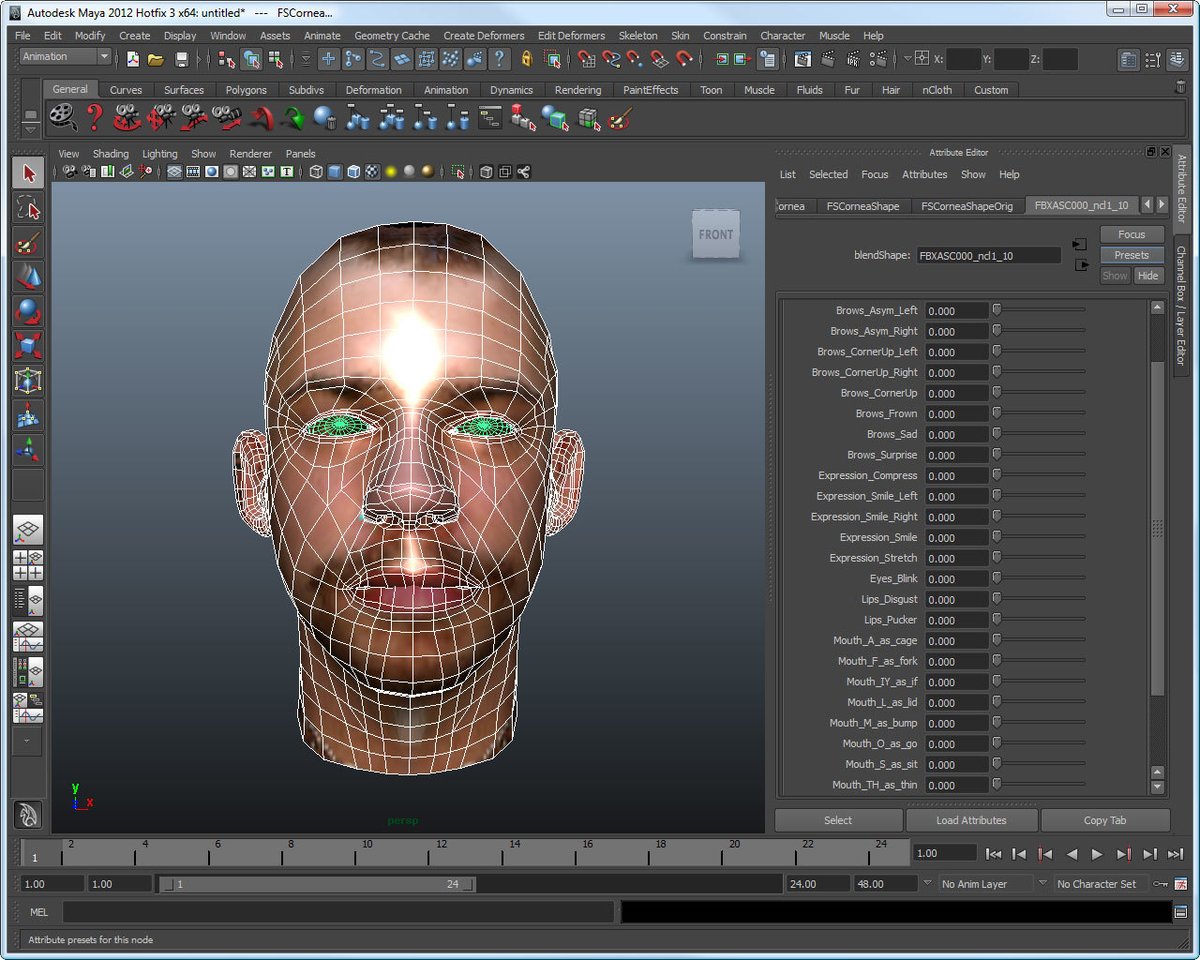 A 3D model of a face being edited in Maya.