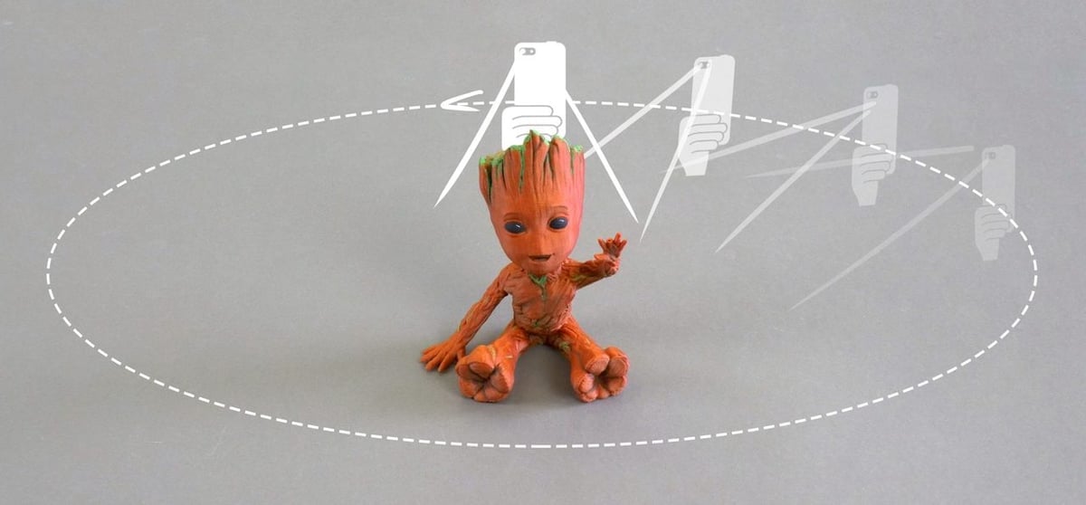 Picture of a baby Groot being photoscanned.