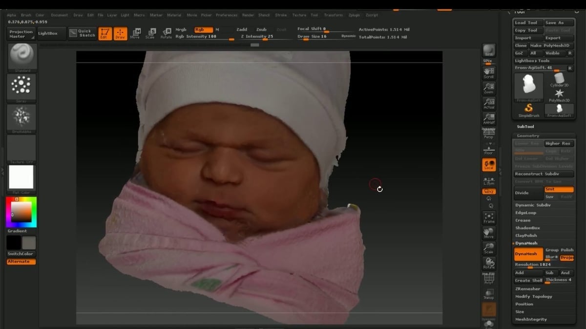 Screenshot of a 3D model baby with a cute scrunched face in Zbrush.