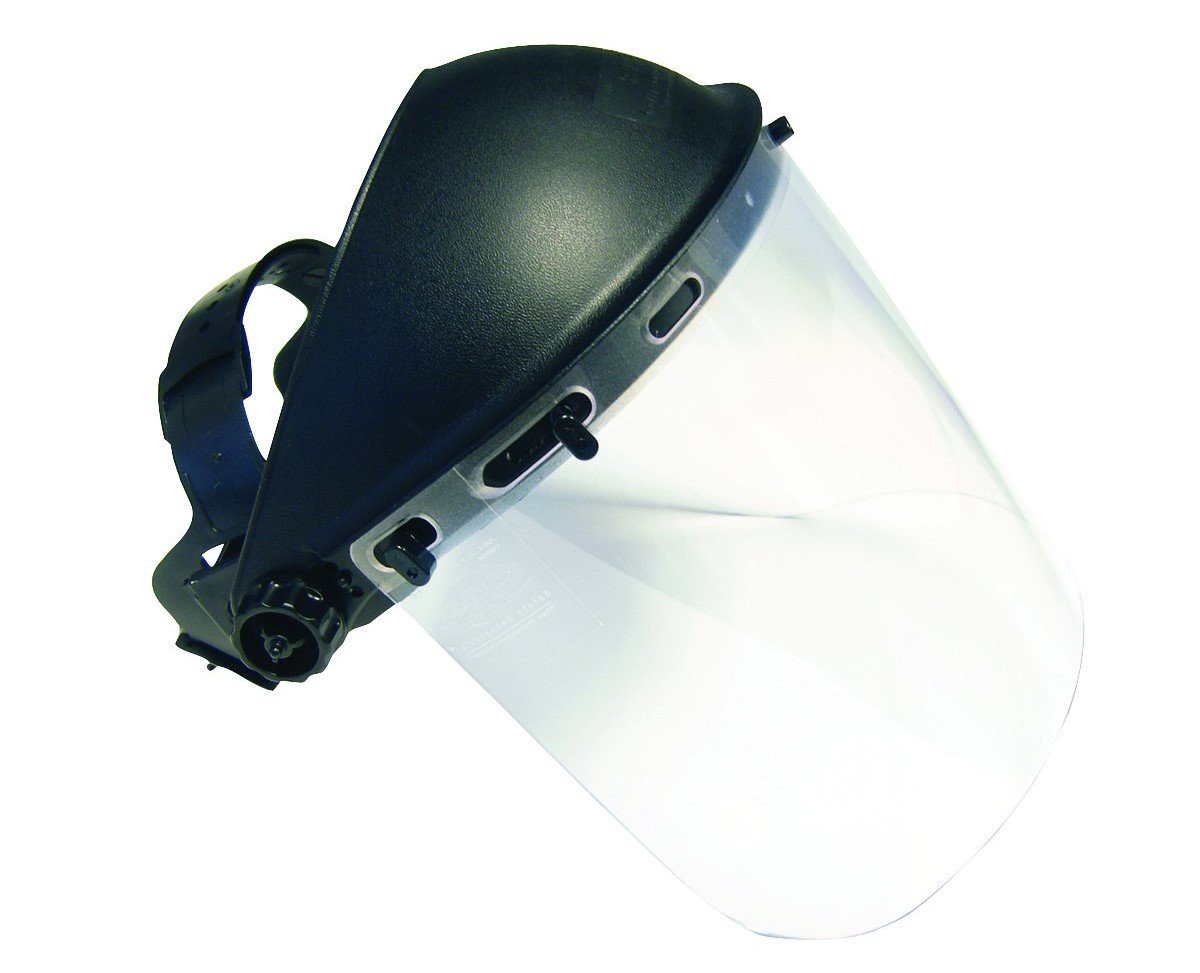 A full-face safety shield.