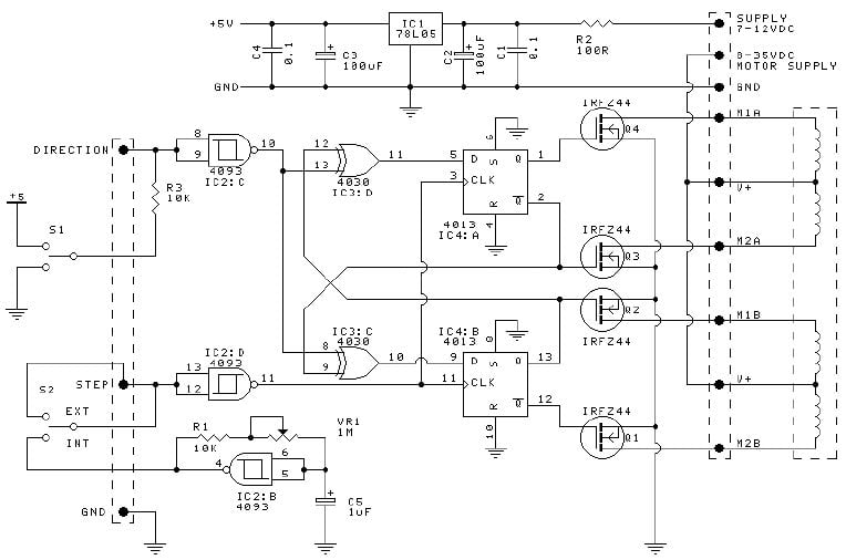 A schematic of a simple stepper motor driver.