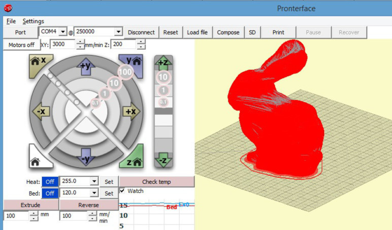 Pronterface allows for granular control of USB-connected 3D printers.