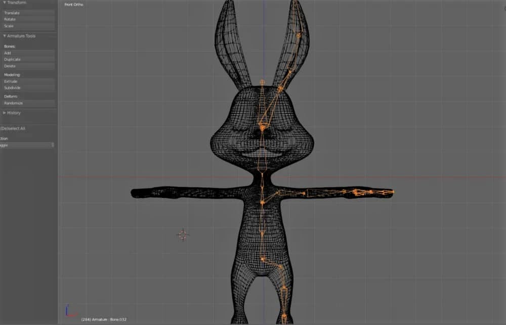 A bunny model's wireframe view with half a rig