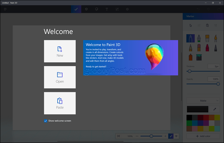 The Windows Paint 3D welcome screen