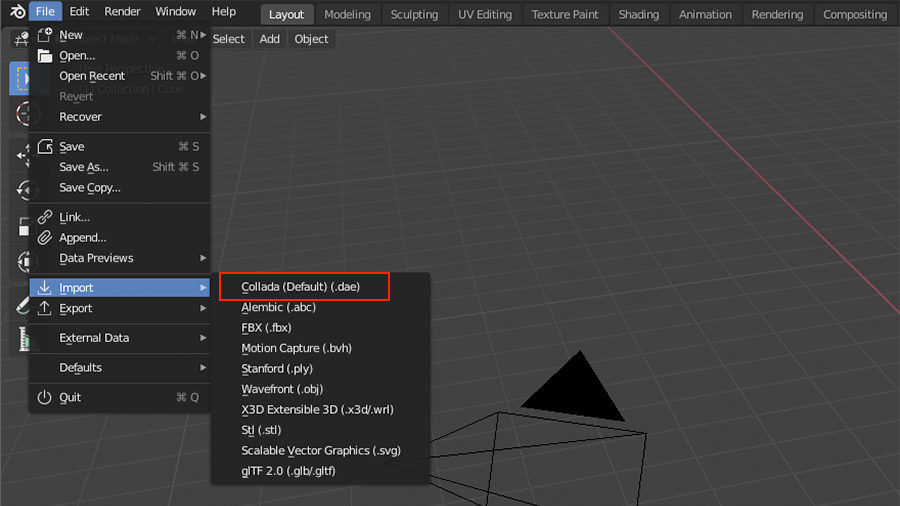 Import the Collada (.dae) file to Blender