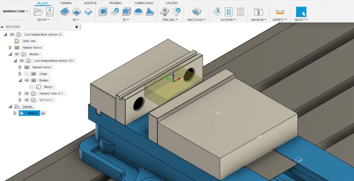 The optimal setup for the part's upper face machining
