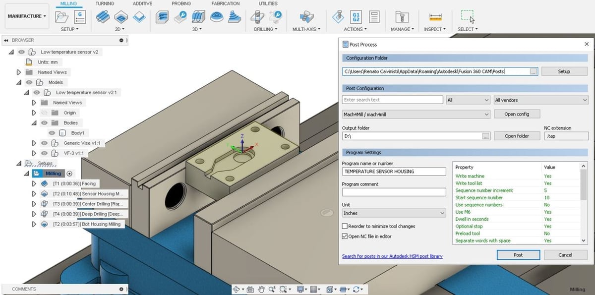 The post-processing menu in Fusion 360