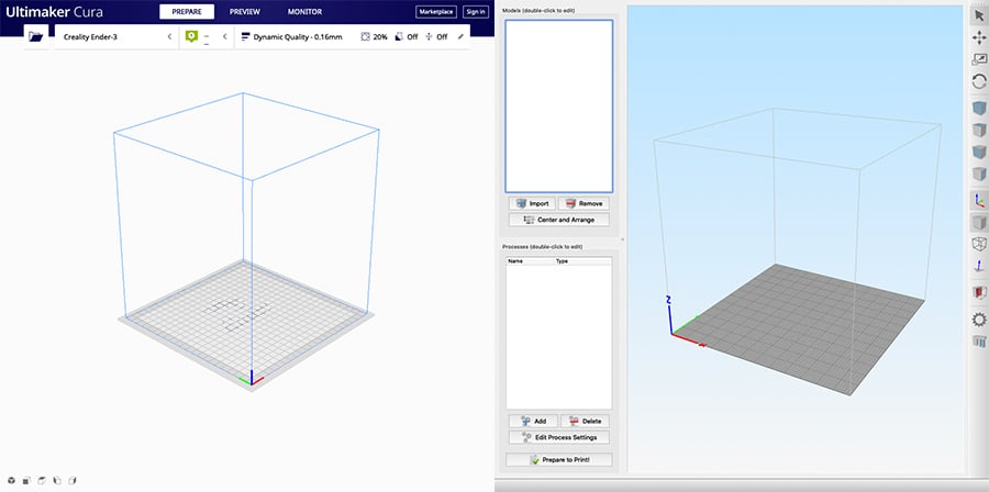 Initial screens for Cura (left) and Simplify3D (right)