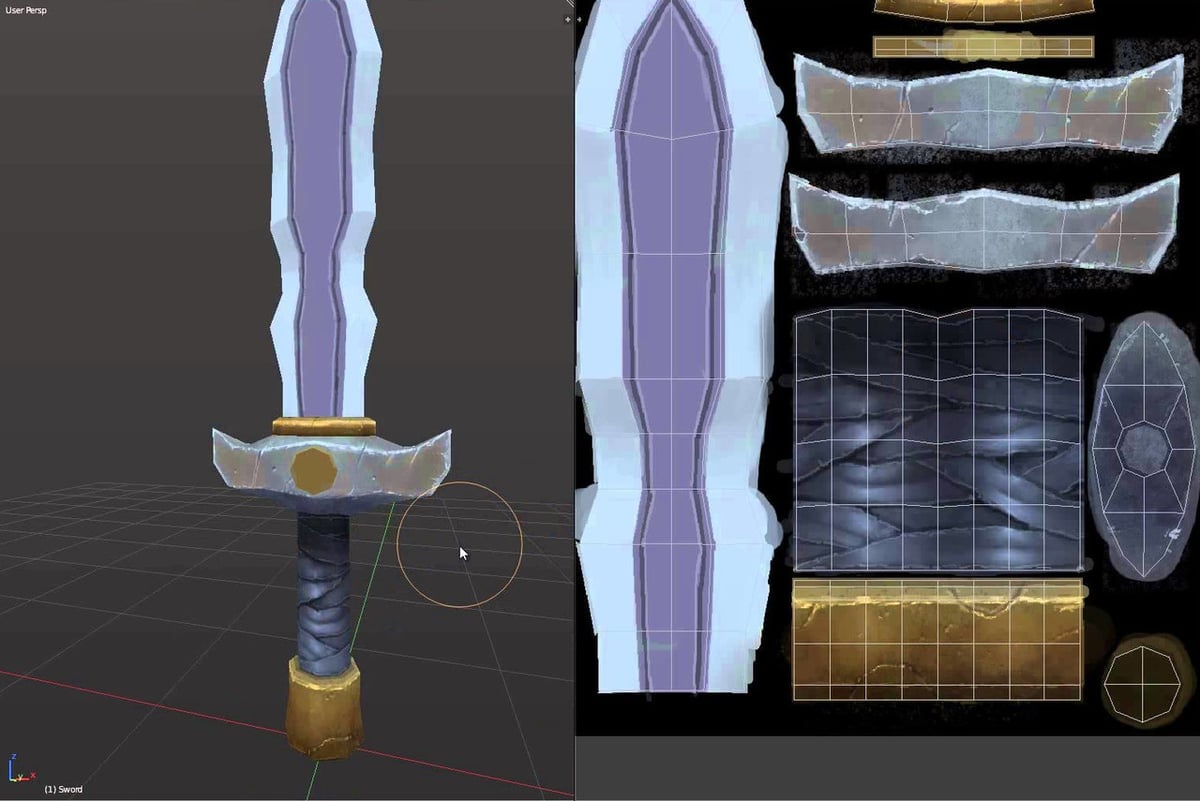A sword model in Blender with its textures applied
