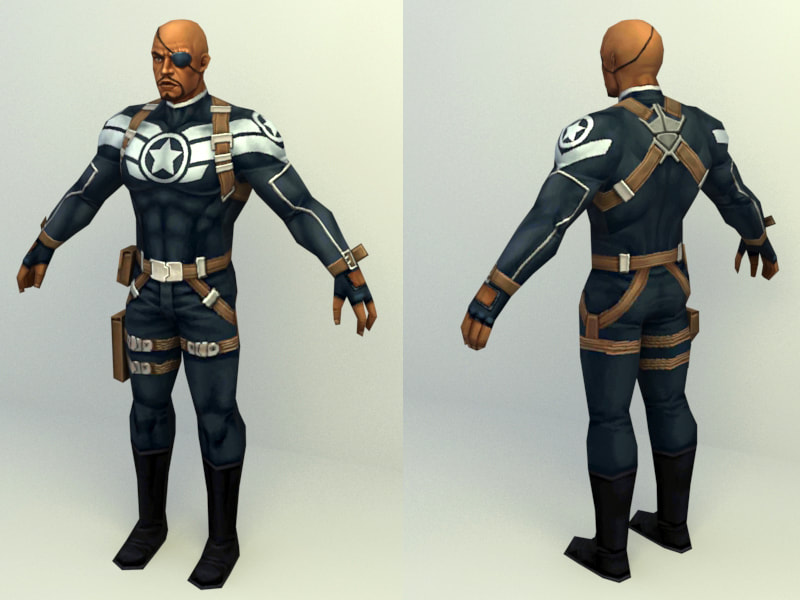 Nick Fury among many posed characters on All3DFree