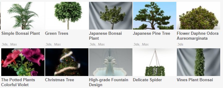 Models of various kinds of 3D printed trees and shrubs
