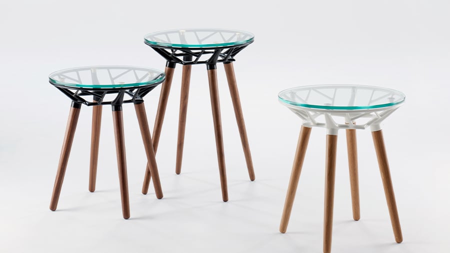 These side tables combine 3D printed parts with traditional furniture materials