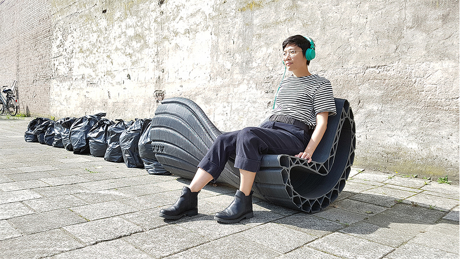 The bench produced for Amsterdam out of recycled plastic was 3D printed locally
