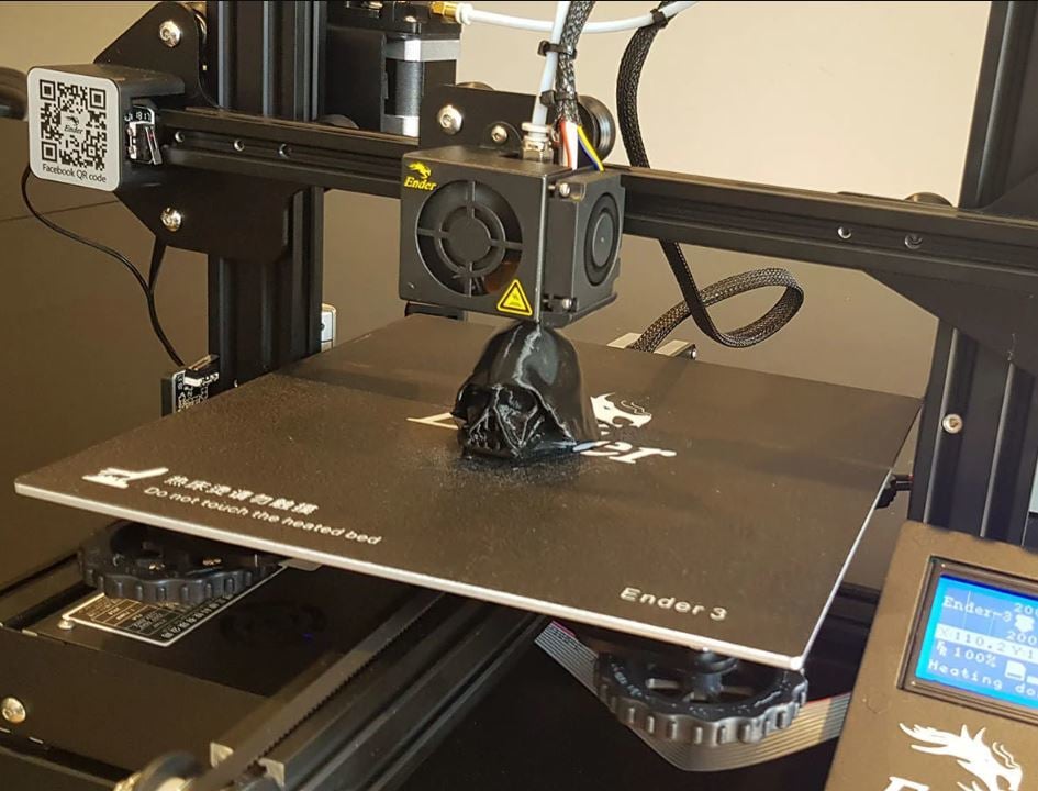 The Ender 3 printing a PLA Darth Vader head perfectly
