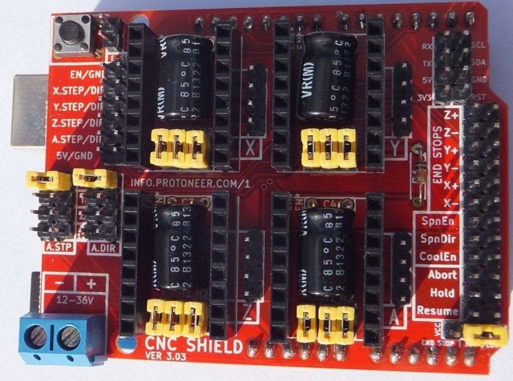 An assembled CNC shield with 1/32 micro-stepping selected