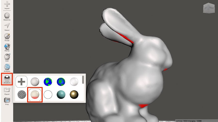 The Overhand Shader highlights regions that might require support structures during 3D printing