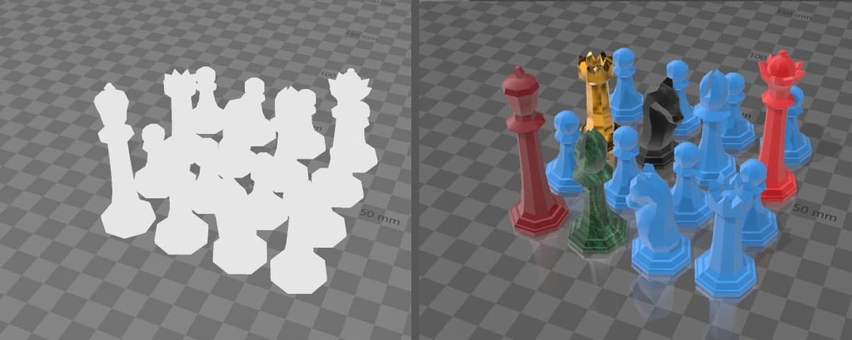 Chess pieces previewed without (left) and with visualization features (right)