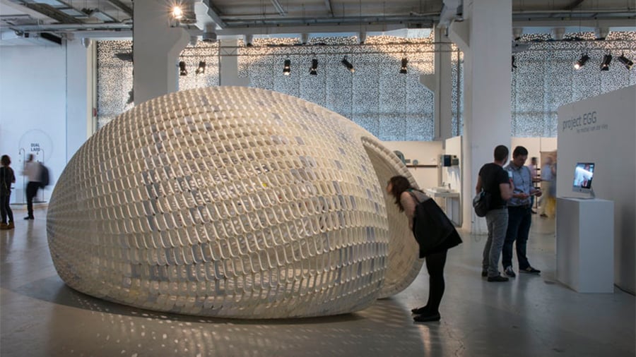 This egg structure is composed of 4,760 unique 3D printed blocks from the global community