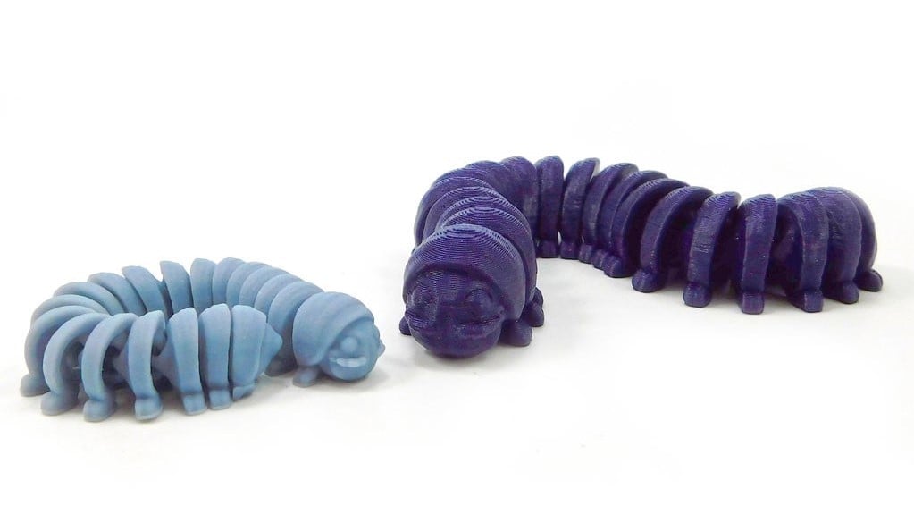 This friendly millipede can be printed in resin (left) or PLA (right)
