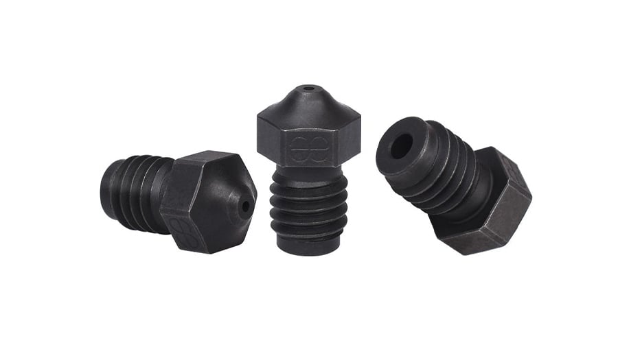 As they're quite wear resistant, hardened steel nozzles are recommended for printing with abrasive filaments