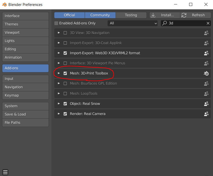 Blender’s Preference menu with the 