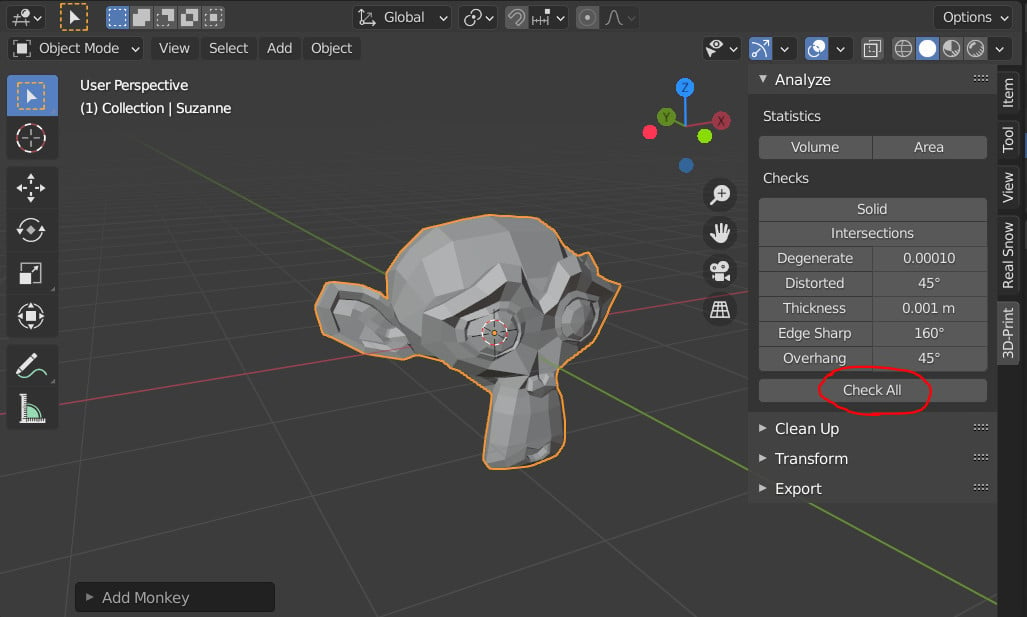 Blender’s toolbox open with the 3D print add-on