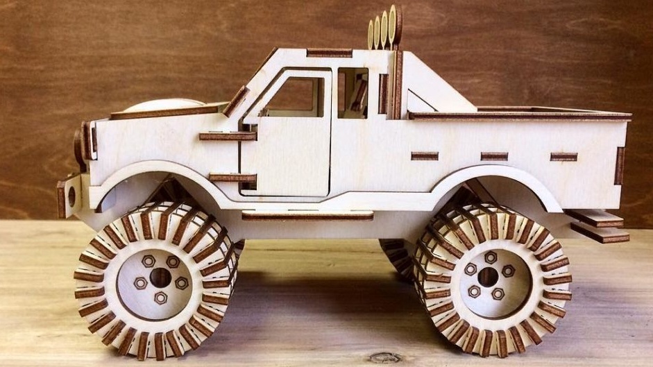 The laser-cut pieces for this monster truck are saved in a single DXF file