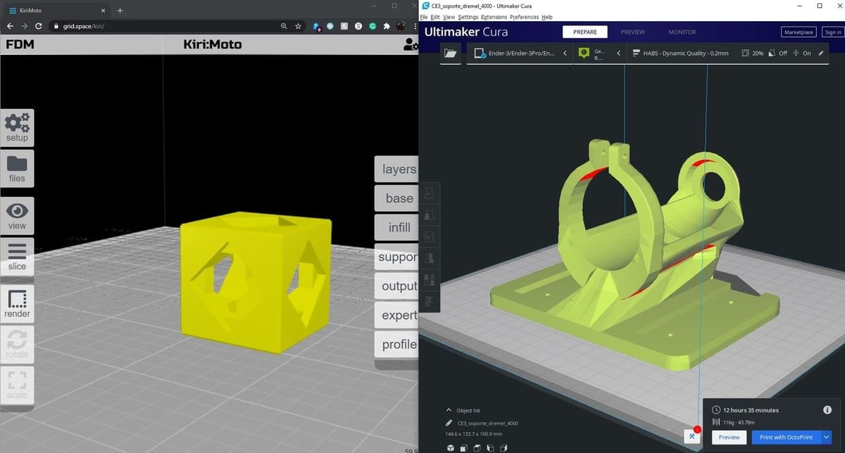 Cura only works with FDM 3D printers while Kiri: Moto can be used for FDM, SLA, CNC, and laser engraving