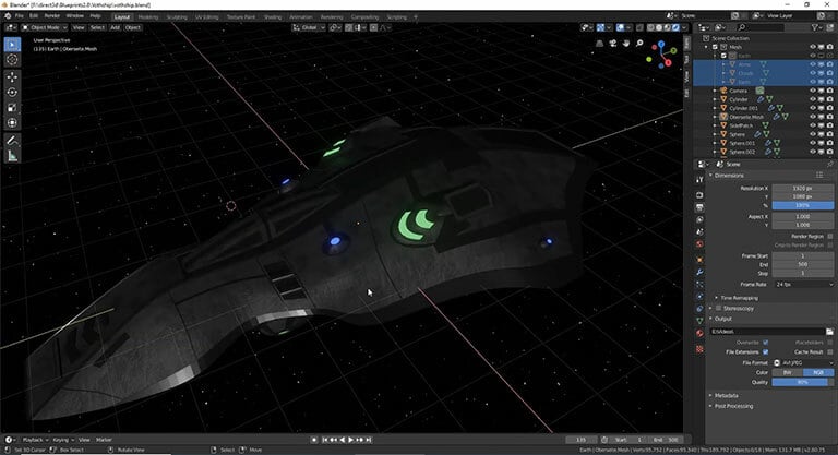 A spaceship model created in Blender with NURBs surfaces