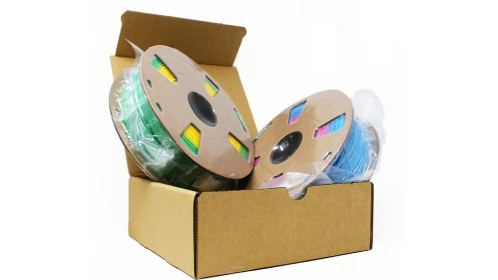 This Filabox is stocked with two rolls of rainbow PLA