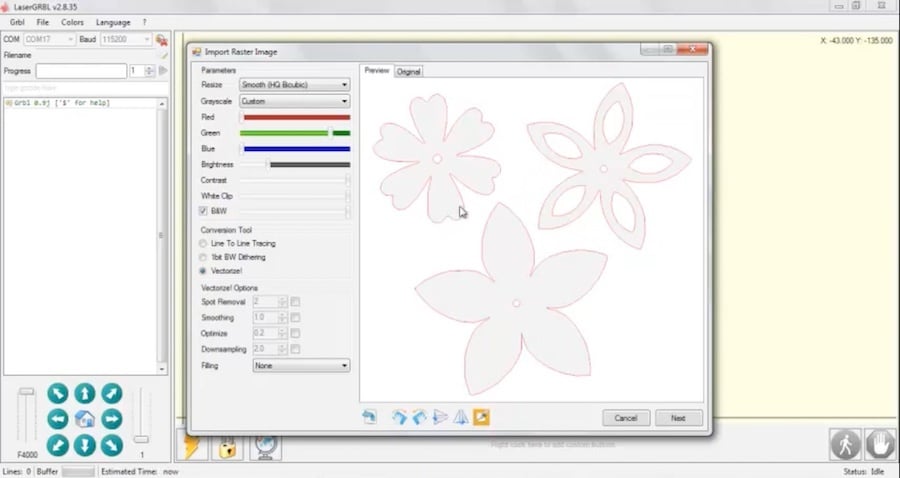 LaserGRBL support raster images for cutting thanks to the vectorization tool