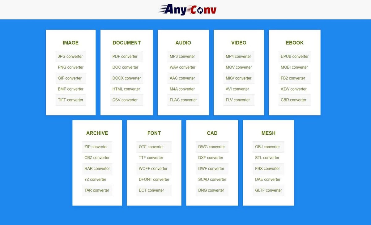 AnyConv supports a diverse group of file formats