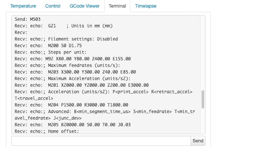 OctoPrint has a terminal window for sending and receiving G-code directly
