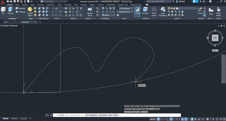 To draw a spline, enter several points in form of distance and angle one at a time