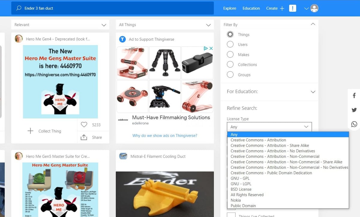 Thingiverse search by license type