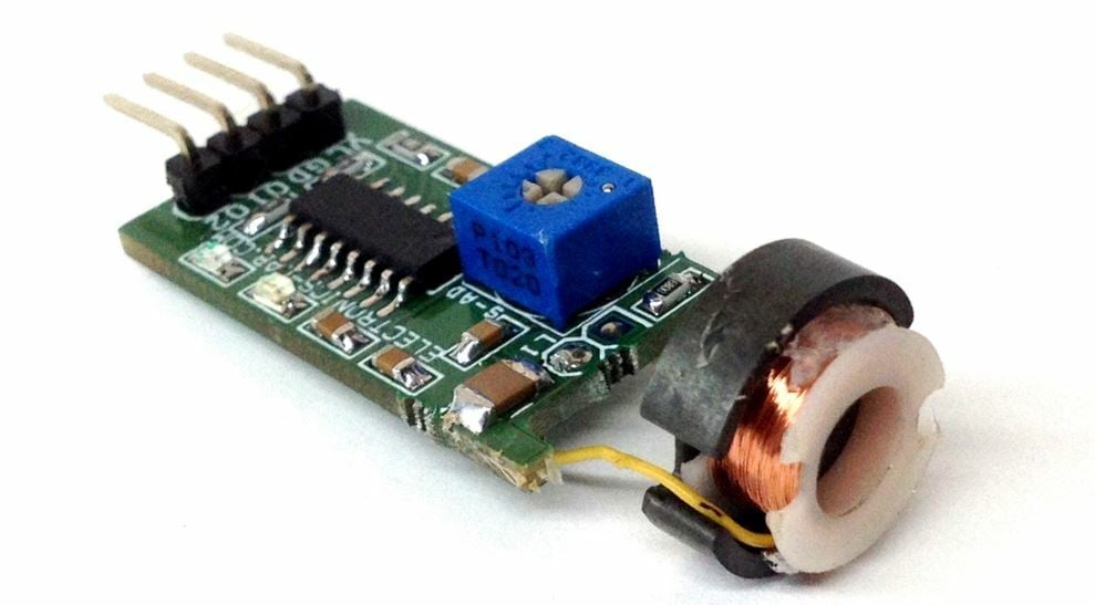 An inductive sensor contains a coil, current sensor, circuit board, pins, and more